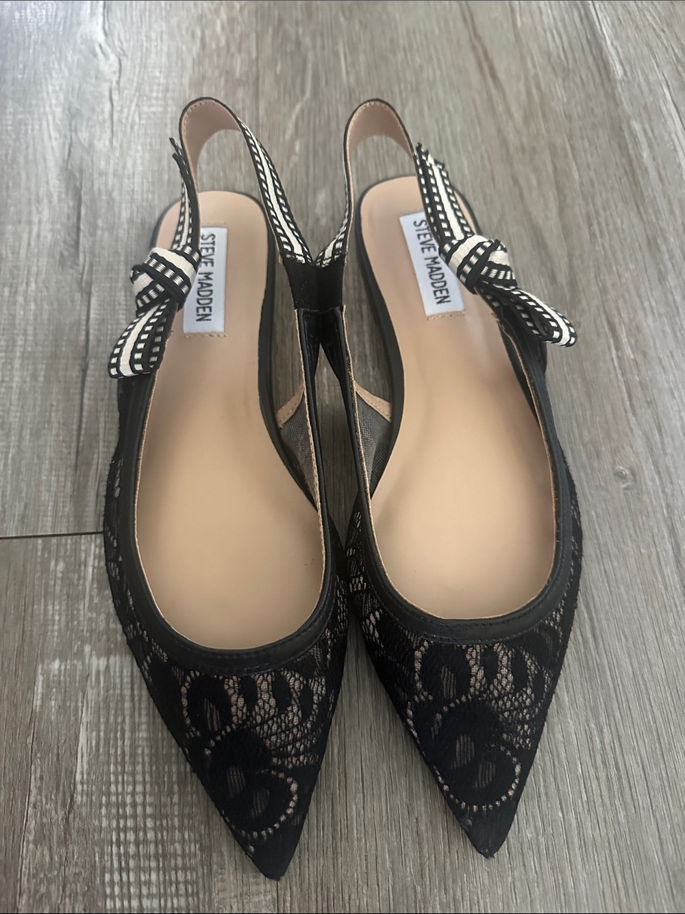 Steve Madden Black Lace Pointed Slingback Flats with Bow Accent